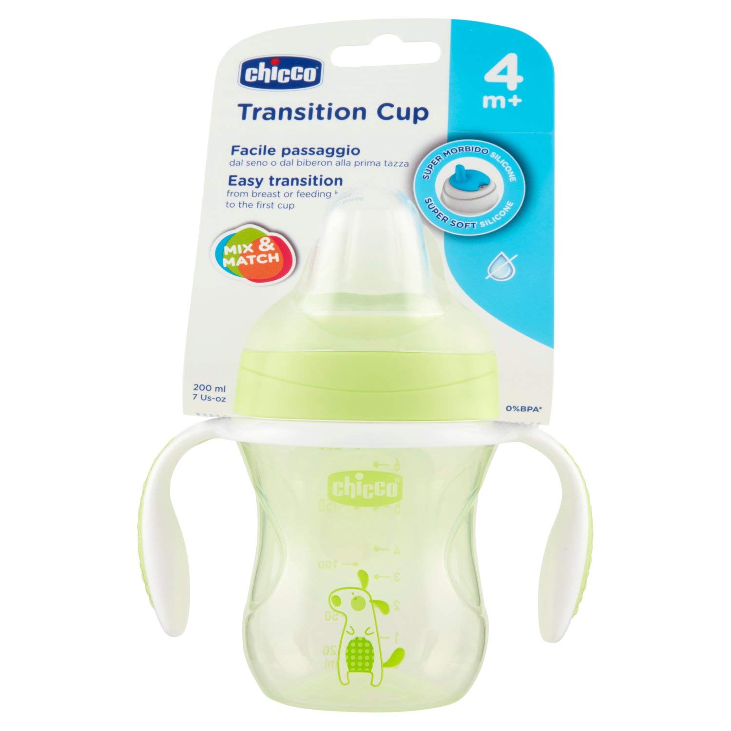 ChiccoTransition Cup 200 ml, 1 Cup Bottle for 4+ Months for Learning to Drink with Ergonomic Silicone Spout, Double Anticolic Valve, BPA Free - Yellow or Green