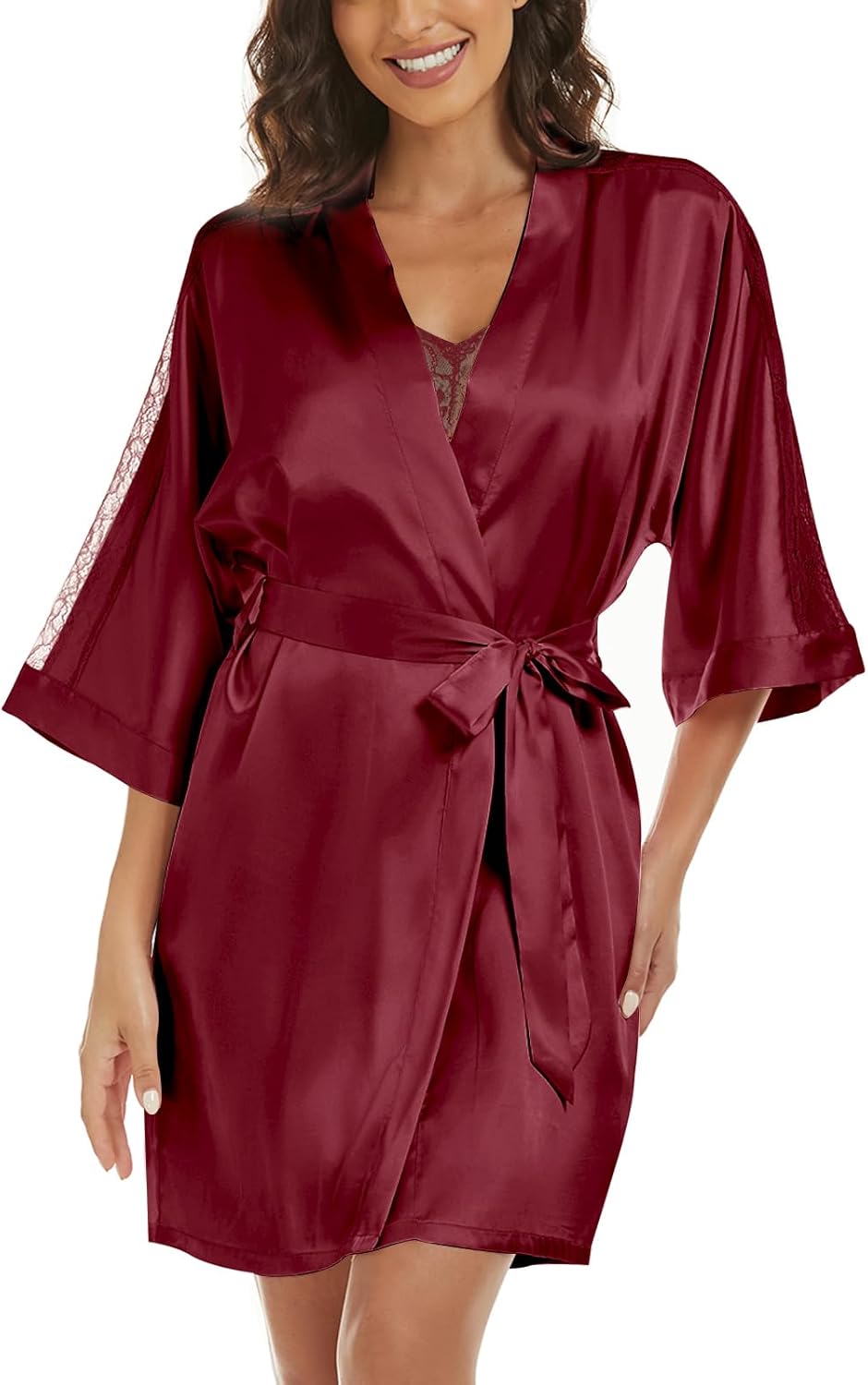 Women's Silk Pajama Sets Satin Robe with Nightgown 2 Piece Sleepwear Sexy Lace Cami Nightwear Kimono Bridesmaid Robes - Image 3