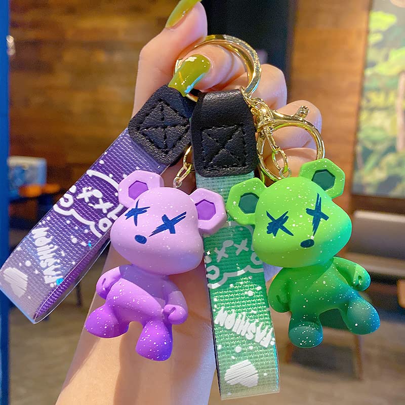 HSYHERE Men Women Boy Girl Cute Bright Color Bear Keychain Creative Braided Rope Resin Animal Pendant Metal Key Ring