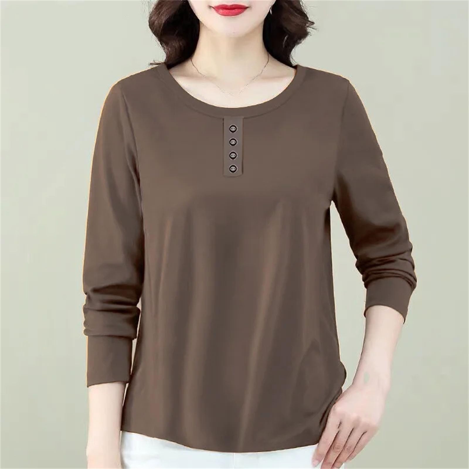 Camiseta básica holgada con botones para mujer, color liso, cuello redondo, manga larga