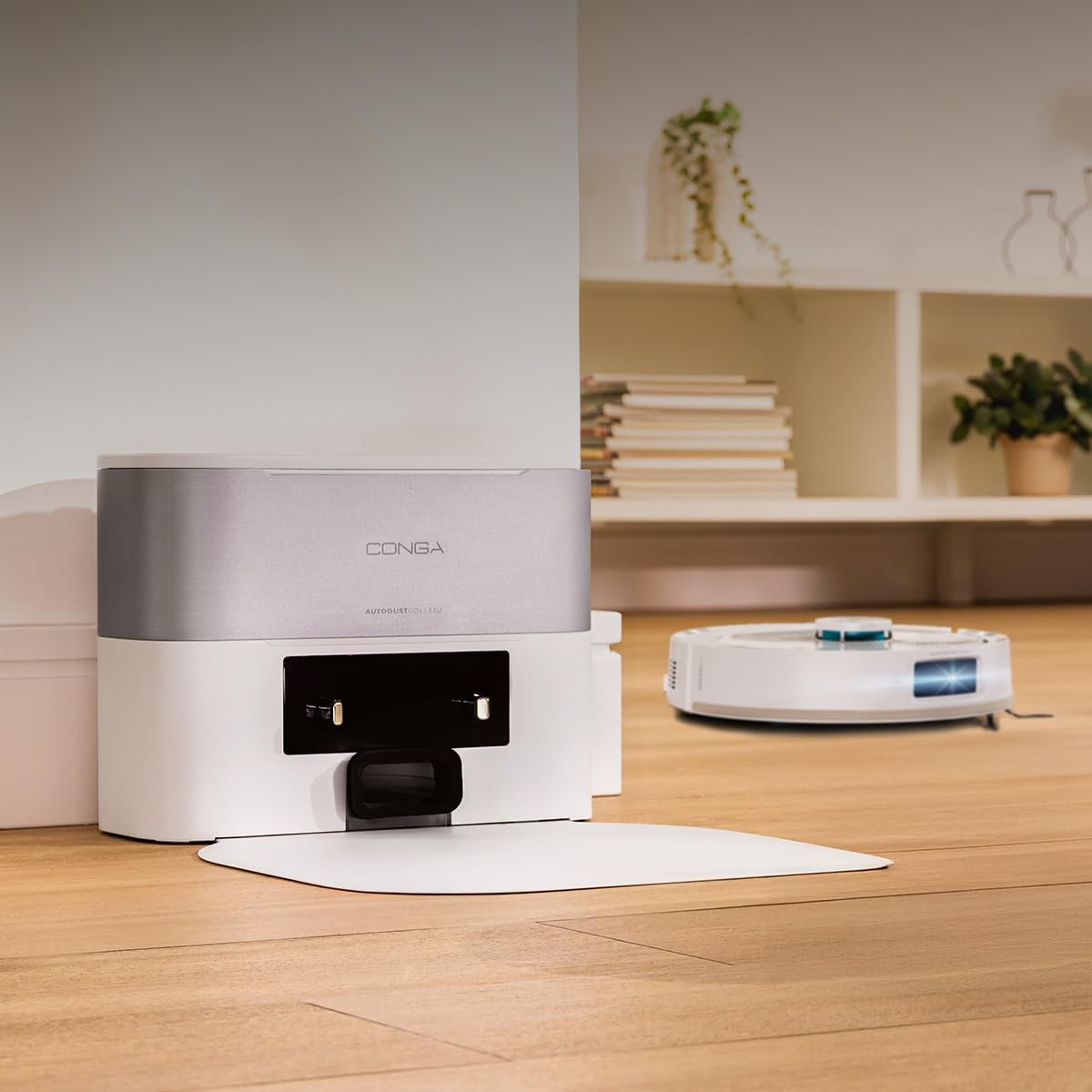 Cecotec Robot Aspirateur - Base Auto Vidange 3L - IA - 2500Pa - Conga Y90 Pearl. Autonomie 240min en Mode Éco, Brosse Silicone, Idéal Maisons avec Animaux, Bluetooth et WiFi, 2 Serpillières