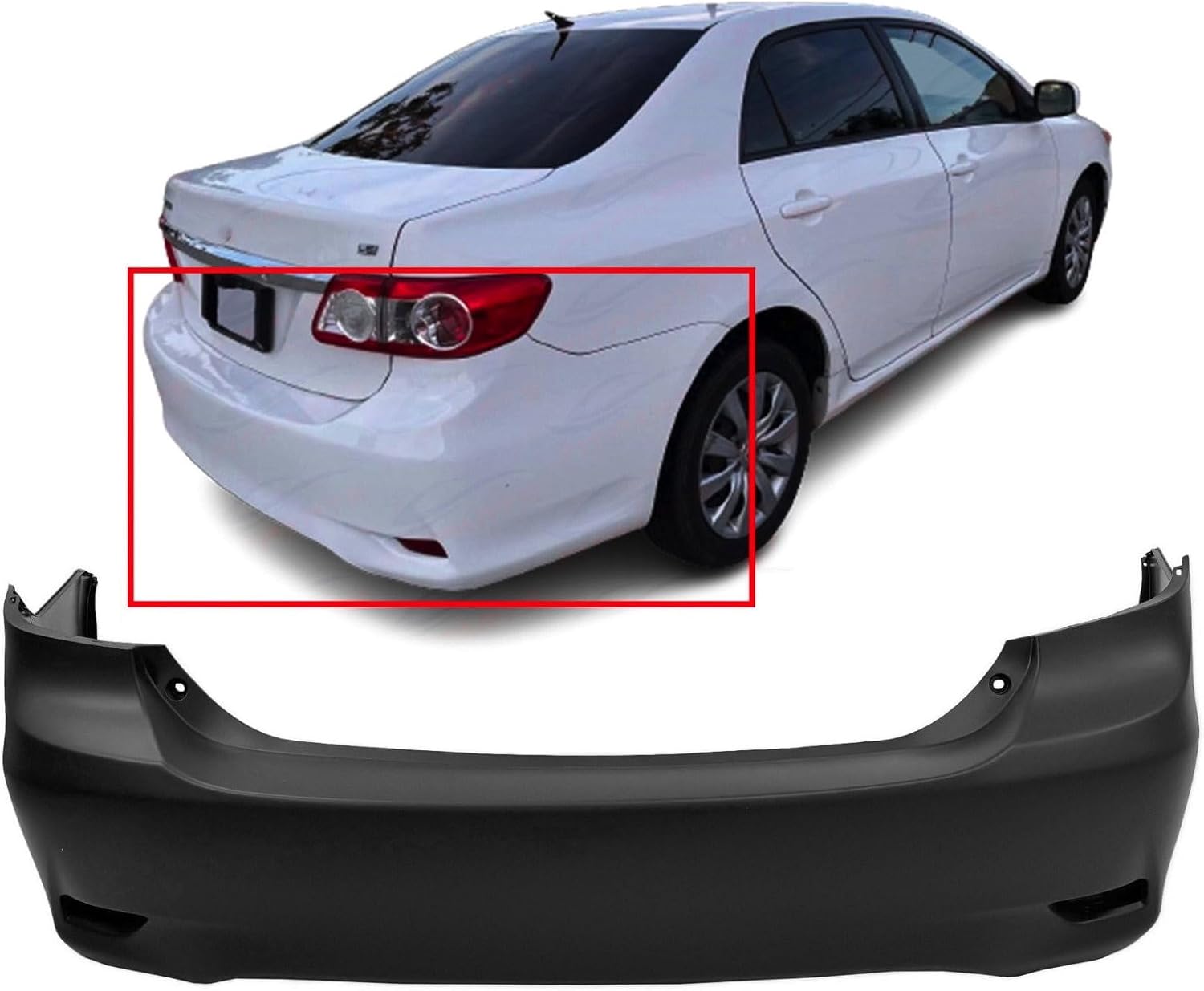 FitParts Compatible With Rear Bumper Cover 2011 2012 2013 Toyota Corolla USA Built CE L LE XLE Sedan 11 12 13. New, Primed. W/o Parking Aid Sensor & Tow Hook Holes TO1100287
