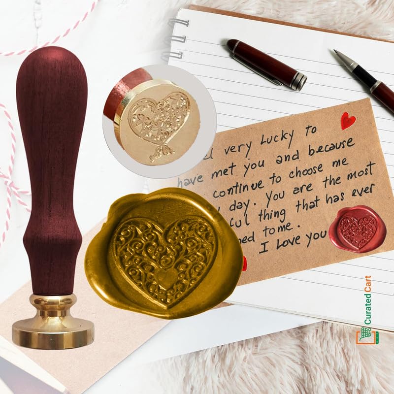Image of Curated Cart Wax Seal Stamp Set - 4 Unique Wooden Monogram Sealing Stamps | Heart, Ring, Tree, and Leaf Designs in Gift Box | Perfect for Cards, Letters, Envelopes, Wedding Invitations