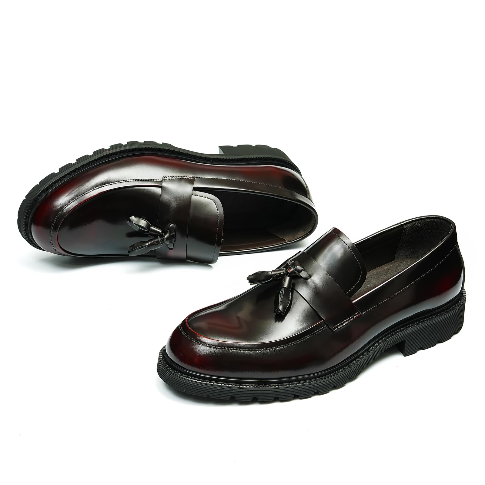 Loafers Cómodos Suela Gruesa y Borlas para Hombre Mocasines Formales Slip On Zapatos Bajos de Vestir Casuales en Cuero