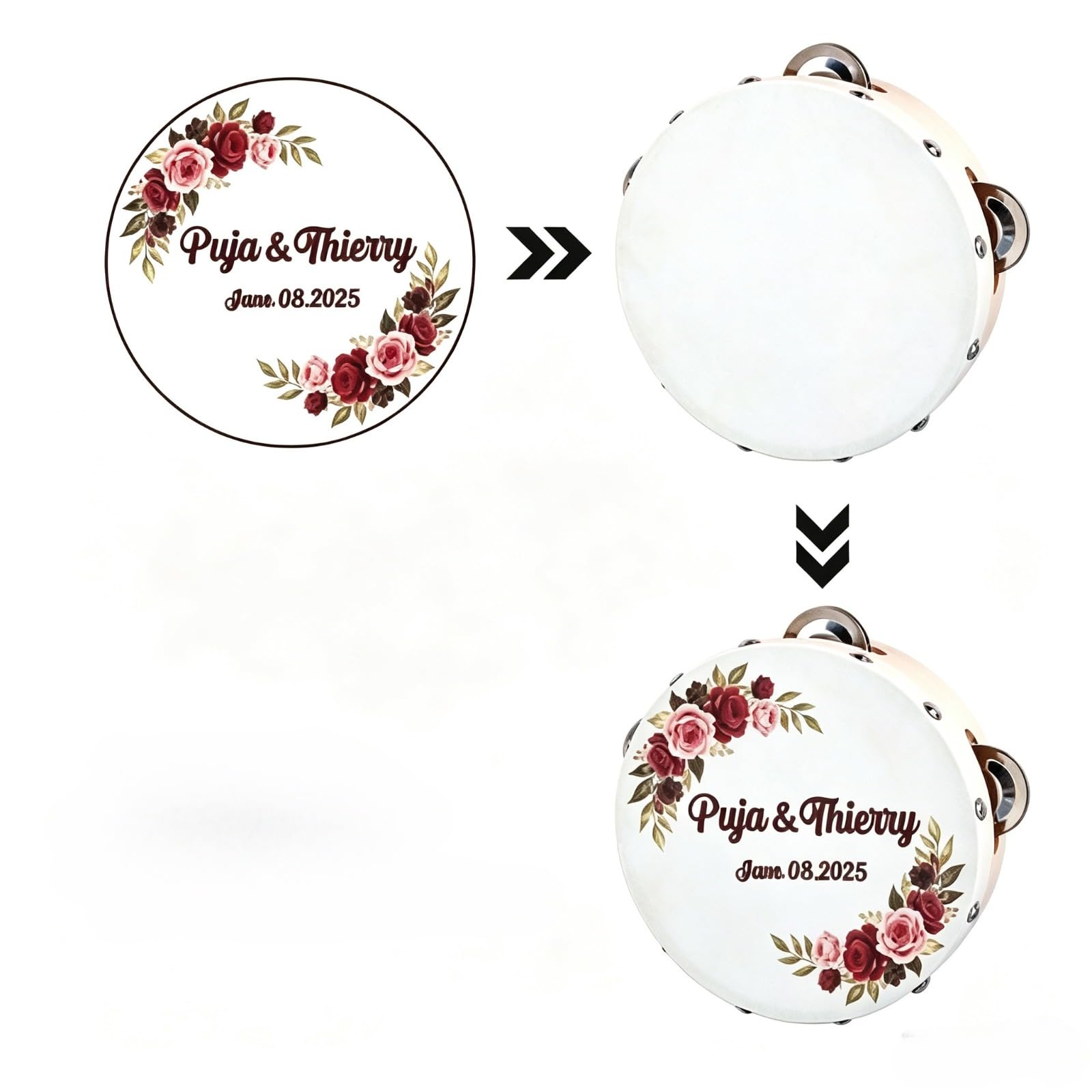 Panderetas personalizadas, mini panderetas de madera de 6 pulgadas a granel para adultos con cinta de 100 cm, panderetas de piel de oveja con nombre personalizado y fecha para iglesia, boda, fiesta