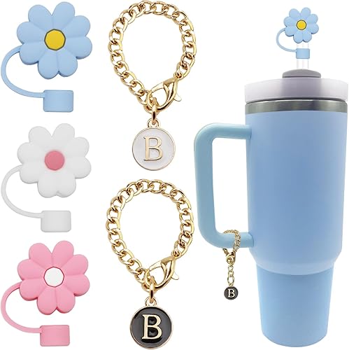 ANDERSE Stanley - 3 tapas de popote para accesorios de copa Stanley de silicona con diseño de flores de 0.394 pulgadas, 2 piezas de dije de letra