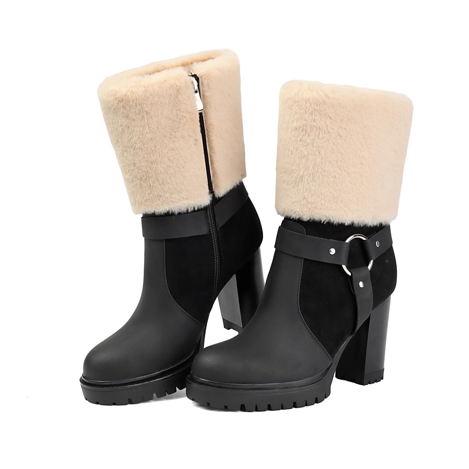 UTIKLIOU Womens Ankle Boots Platform Boots Side Zip Chunky Heel Booties with Fur Round Toe Leather Winter Boots