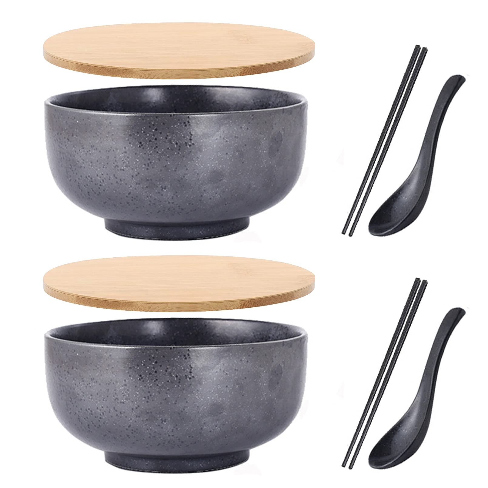 Bol japonais avec couvercle, bol de ramen en céramique, lot de 2 bols de ramen en céramique vintage bol de riz dessiné à la main bol de nouilles instantanées,A5