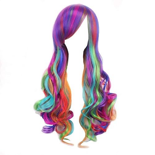 S-SSOY Pelucas rizadas de Lolita arcoíris de 27 pulgadas de largo, para Halloween, cosplay, fiesta