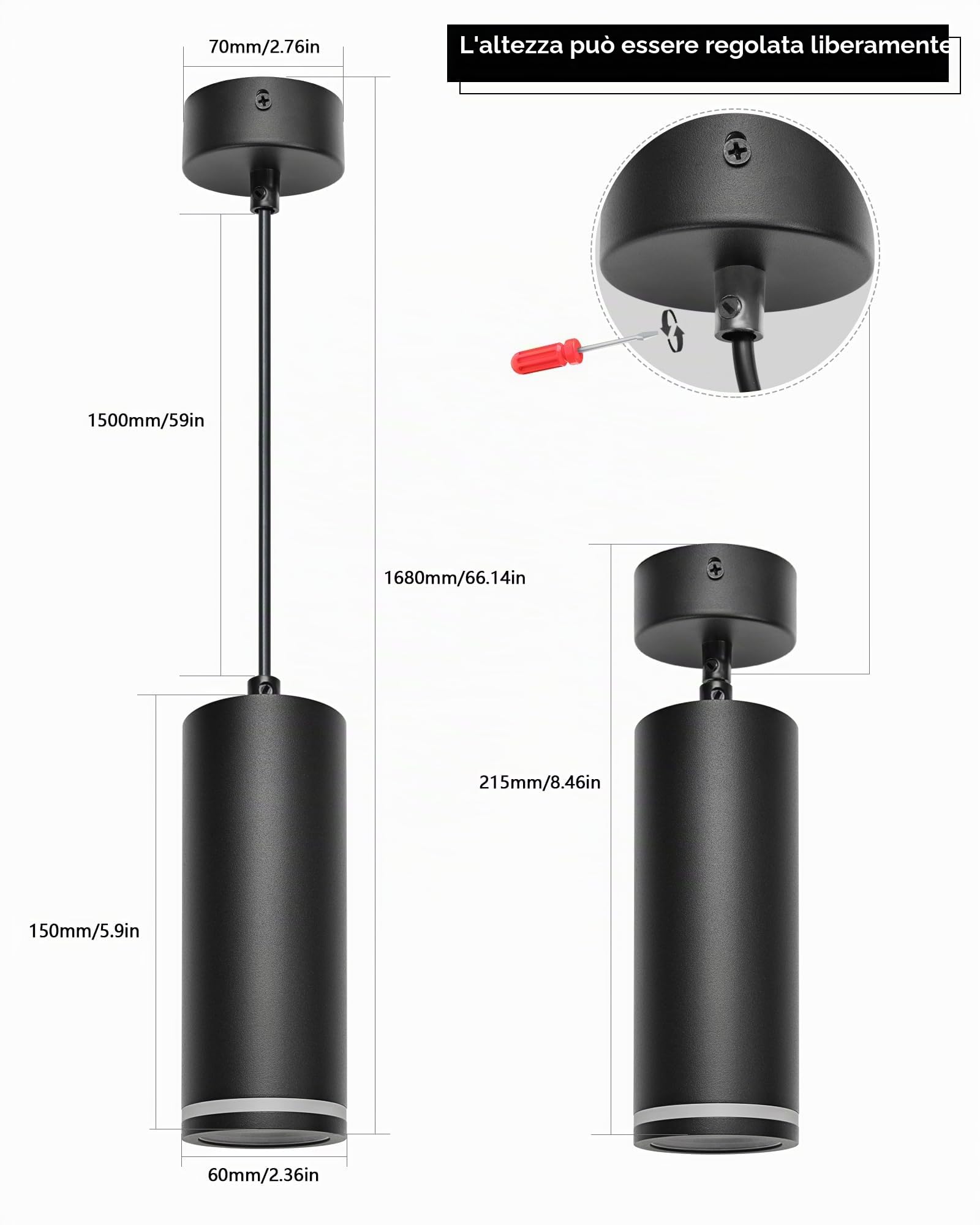 Lampadario a Sospensione Moderno 15cm, Lampada a Sospensione con Portalampada GU10, Lampadario Cilindrico Nero, Lampadari Regolabile in Altezza per Soggiorno, Camera da letto, Cucina, 2 Pezzi