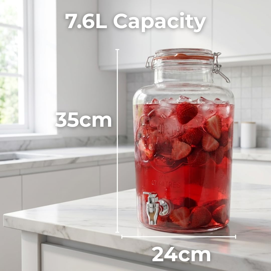 Distributeur de Boissons en Verre avec Couvercle hermétique et Robinet 7,6 litres 22 x 22 x 35 cm Jumbo