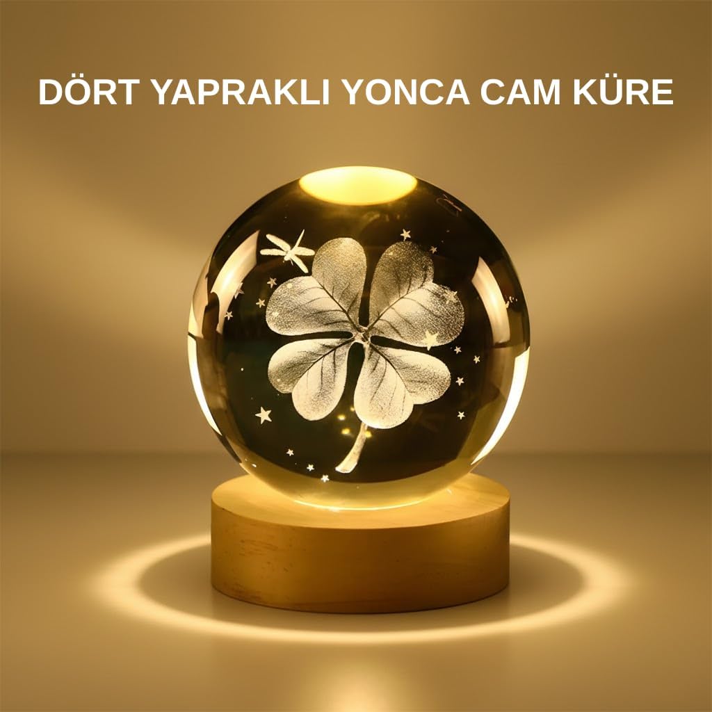 YamanHobi Dekoratif Yonca Görünümlü Işıklı Kristal Cam Küre USB Masa Gece Lambası