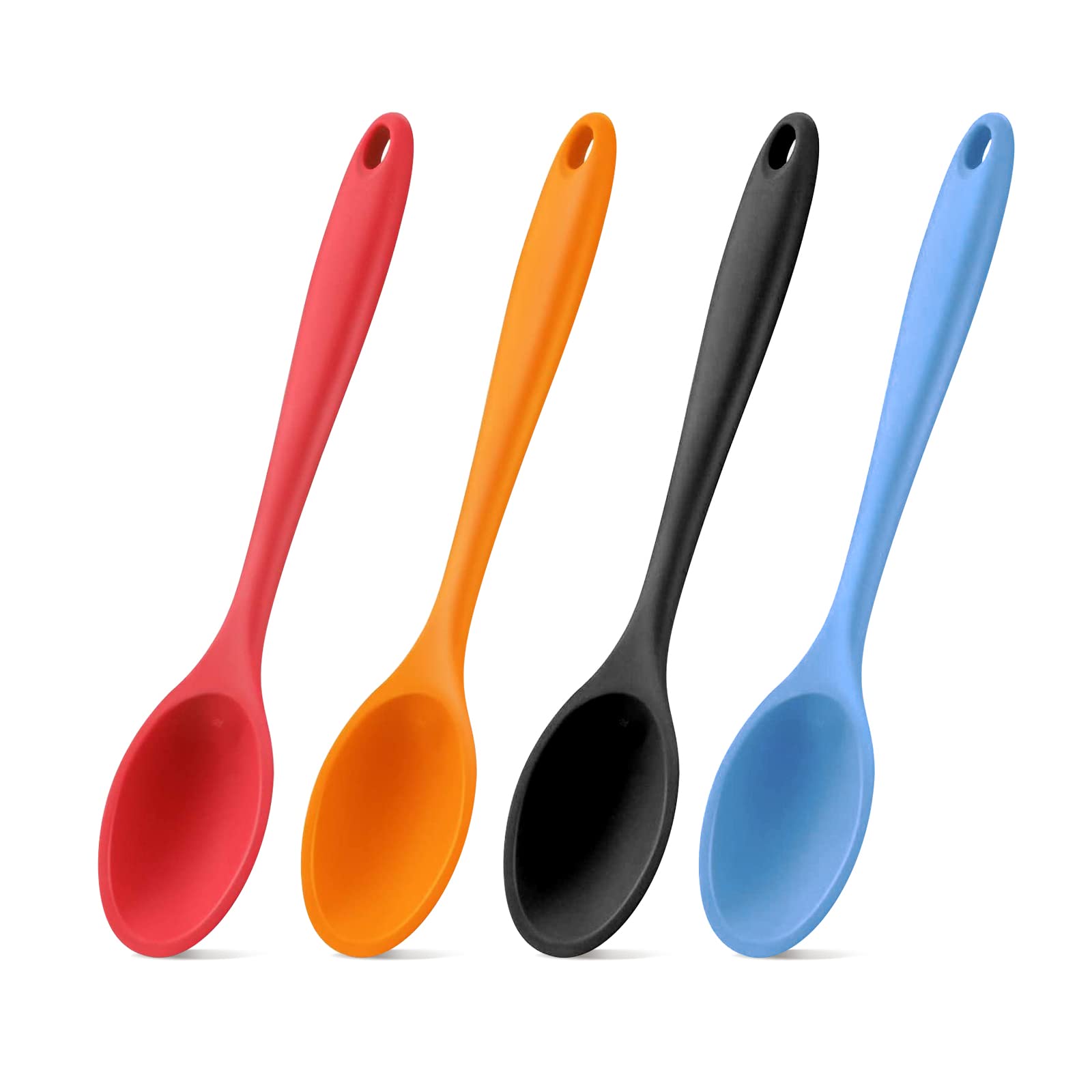 4PCS Small Multicolored Spoon Flexible Silicone Nonstick Serving Spoon High Heat Resistant Basting Spoon for Kitchen Cooking Stirring Mixing Baking Tools(Red,Dark Blue, Black, Orange)