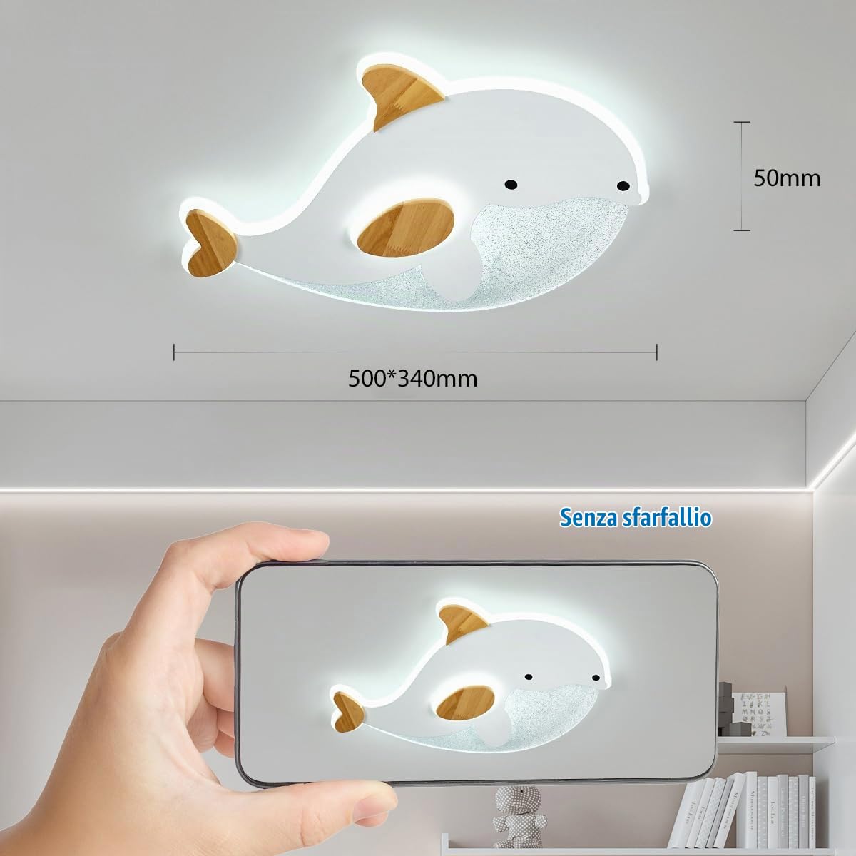 Lampadario Camera Da Letto Bambino,Forma Delfino Plafoniera LED Soffitto Bianco E Grano Di Legno,Dimmabile Con Controllo,28W lampadario soggiorno Per Cucina Cameretta,50 * 34Cm