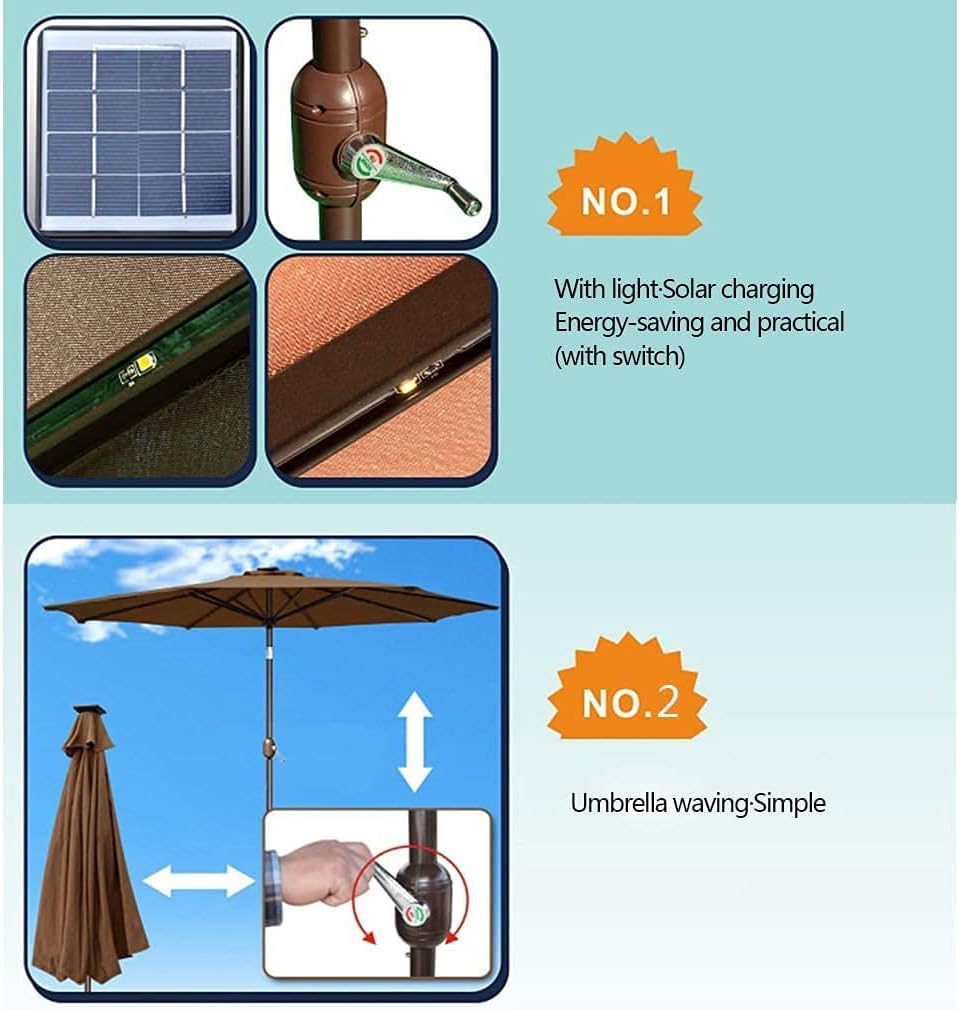 Round Garden Sun Parasol LED Lights Solar 2.7m Outdoor Patio Cafe Umbrella Crank Sunshade Aluminium