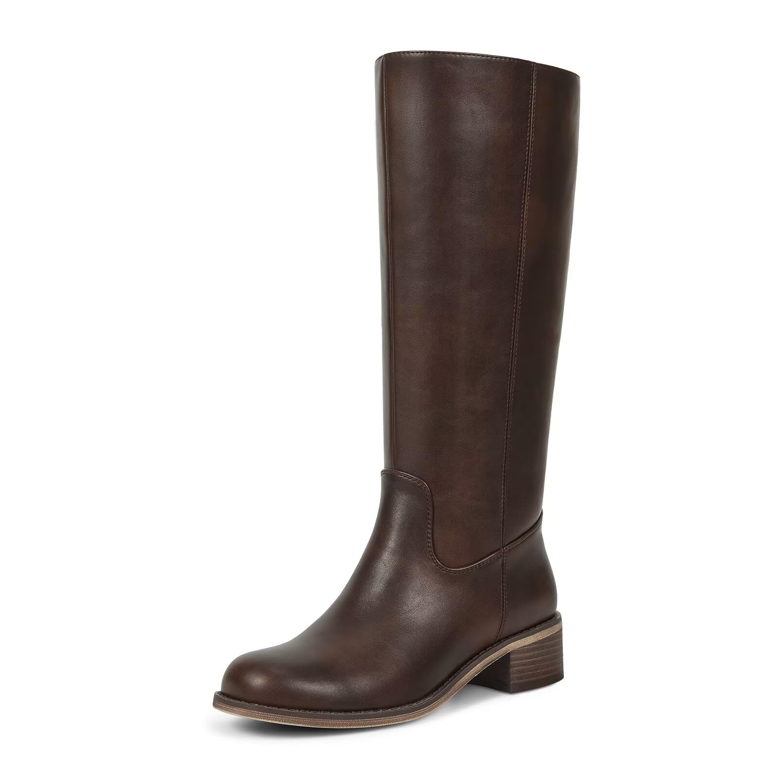ISNOM Knee High Boots for Women Round Toe Chunky Block Riding Tall Boots with Side Zipper and Low