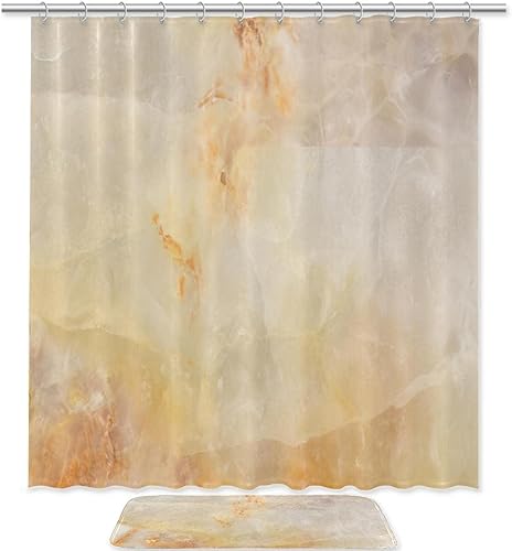 Juego de cortina de ducha y tapete de poliéster con textura de mármol amarillo impermeable juego de cortina de baño y alfombra con ganchos 708 x 708