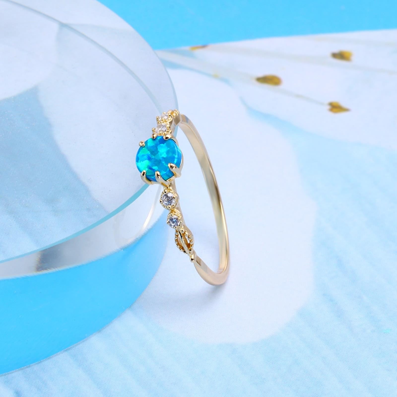 Alianzas auténticas de oro de 9 K/14 K/18 K con ópalo azul en 6 garras