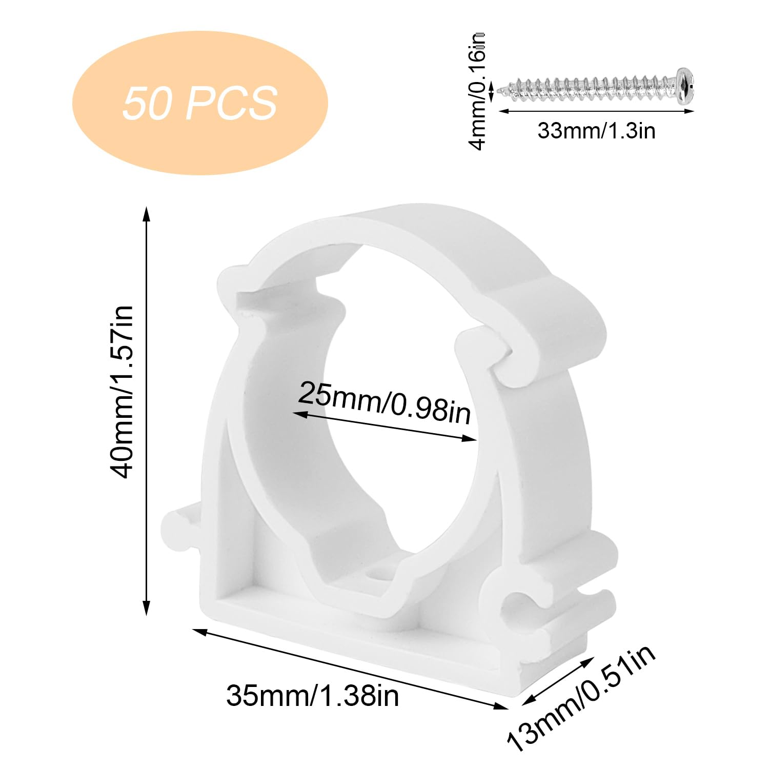 50 fascette stringitubo M25, fascette stringitubo da 25 mm, in PPR bianco con viti, fascette di serraggio per tubo dell'asta, tubo vuoto (bianco)