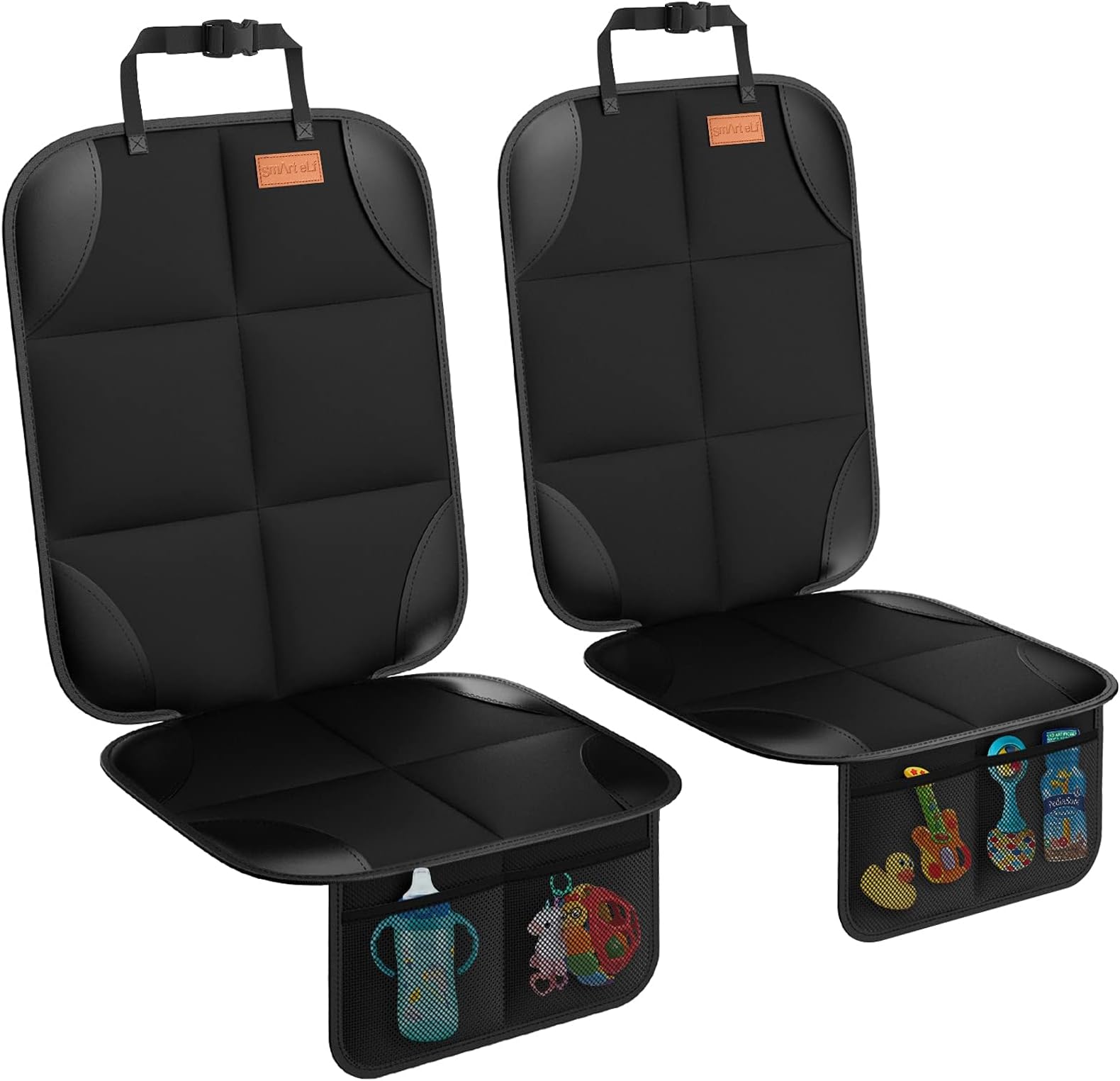 SMART ELF Car Seat Protector, 2Pack Seat Protector Protect Child Seats with Thickest Padding and Non-Slip Backing Mesh Pockets for Baby and Pet,Sedan SUV Truck (Black)