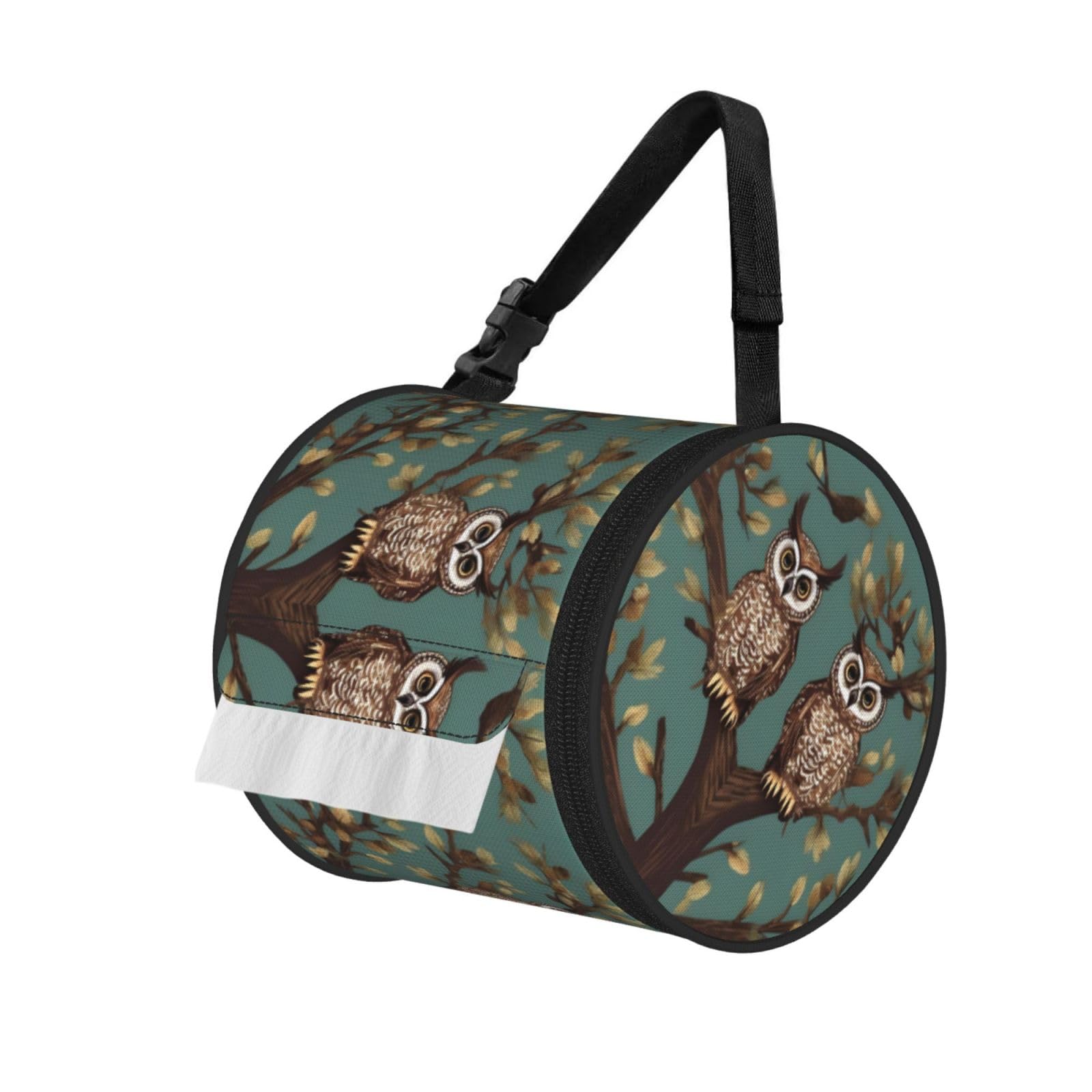 Jiuty Black Owl Tree Branches Print Cylinder Tissue Organizer Bag With Strap, Portable Toilet Roll Holder For Camping Car