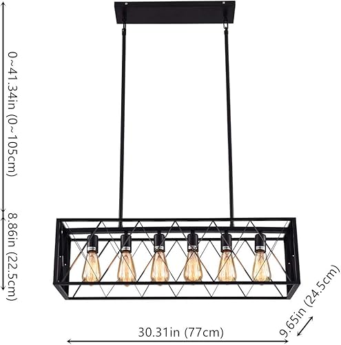Miniatura 7 de mirrea Lámpara colgante vintage con 6 luces en marco rectangular, acabado pintado en negro mate de metal
