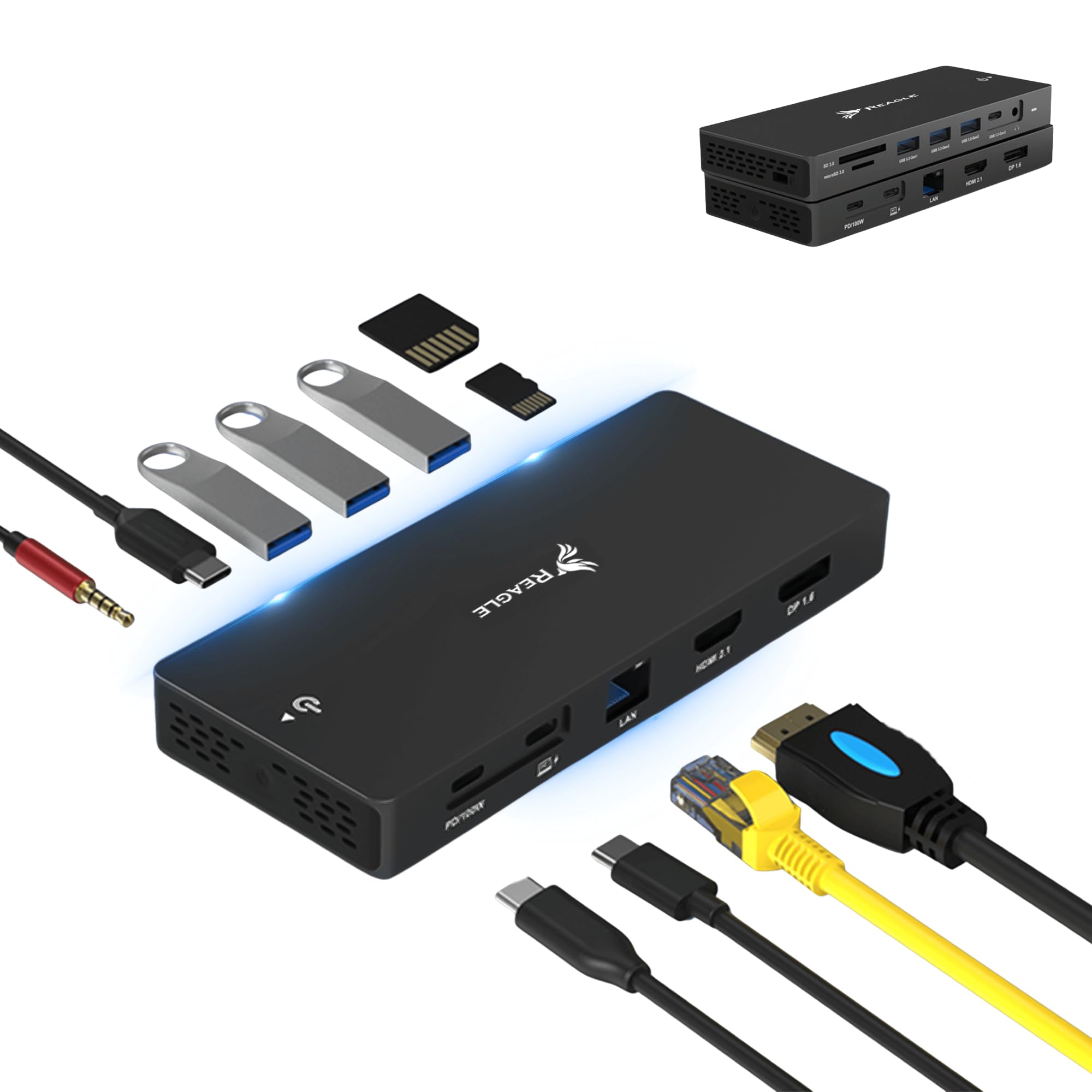 Reagle HUB USB-C 12 w 1USB-C HUB 12 w 1 HDMI 2.1 DP 1.6 8K 4K DisplayPort MST Docking Station PD100W, LAN, USB-C 3.2 Audio 3,5 mm SD 3.0 i microSD 3.0