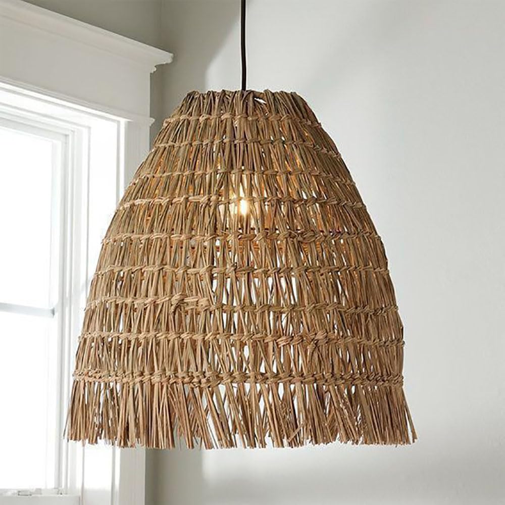 XQIDIANAA Boho Wicker Chandelier, Rustic Rattan Basket Pendant Light Fixture Coastal Crafts Lampshade, Farmhouse Hanging Lamp Ceiling Lighting for Kitchen Dining Room