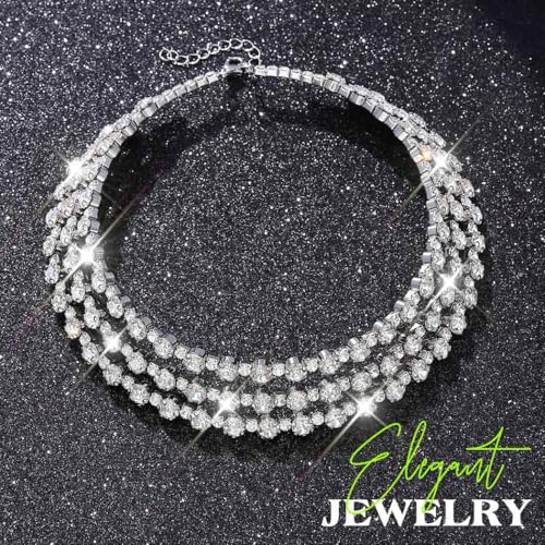JEAIRTS Multi-Layer Rhinestone Choker Necklace Sparkly Elegant Party Prom Jewelry for Women2