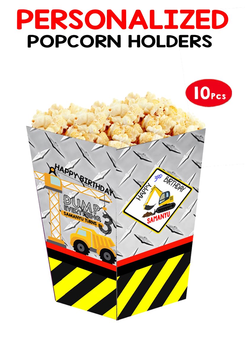 WoW Party Studio Personalized Construction Vehicles JCB Theme Popcorn Holder/Cups, Sleeves, Material - 300 GSM thick Cardstock Paper, with Birthday Boy/Girl Name Printed - 10 Pcs