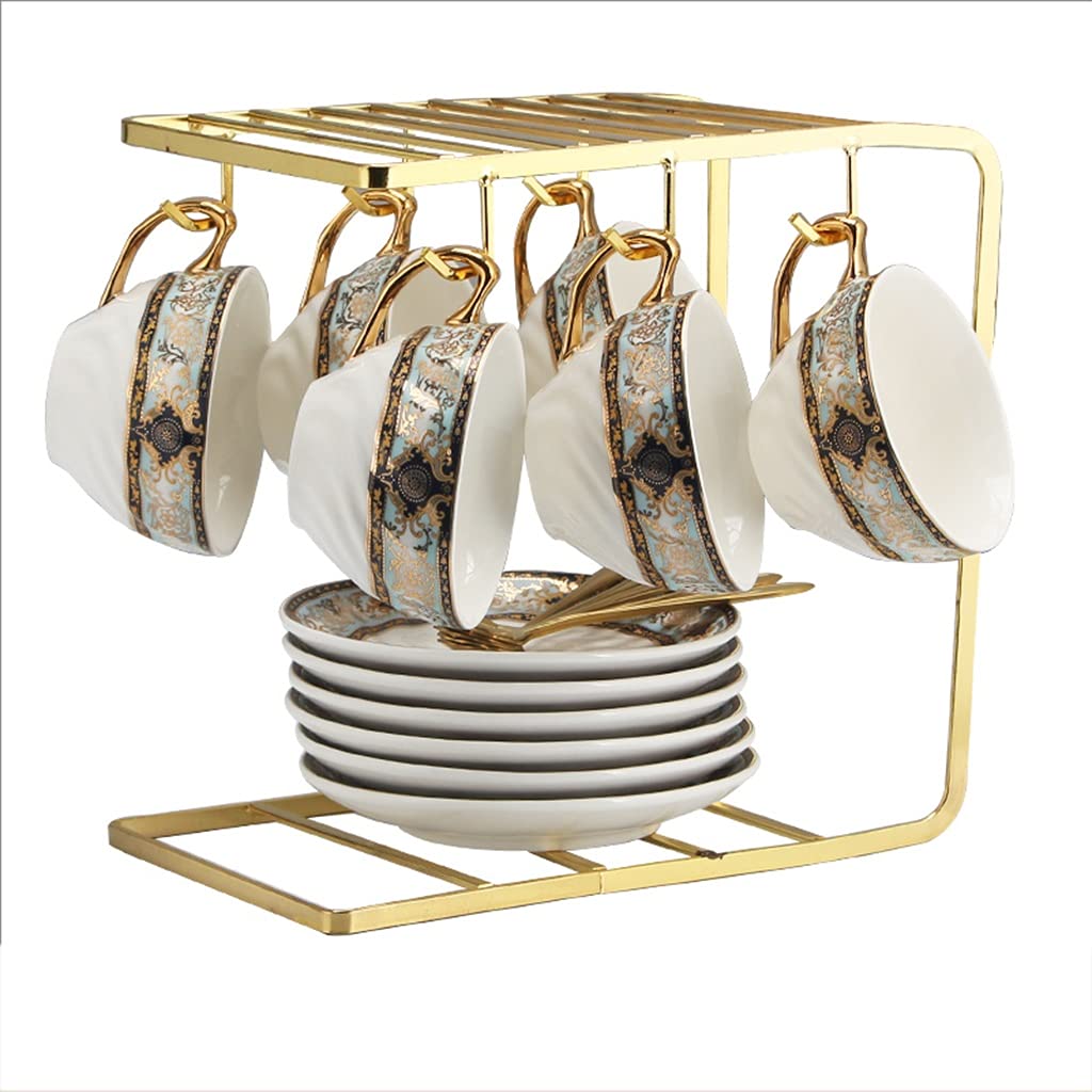 Teetassen-Set Teetassen-Set mit Untertasse Metallständer Teelöffel Luxus-Teetassen-Set Kaffee-Tee-Geschenksets für Kaffeegetränke (Schwarz 2)