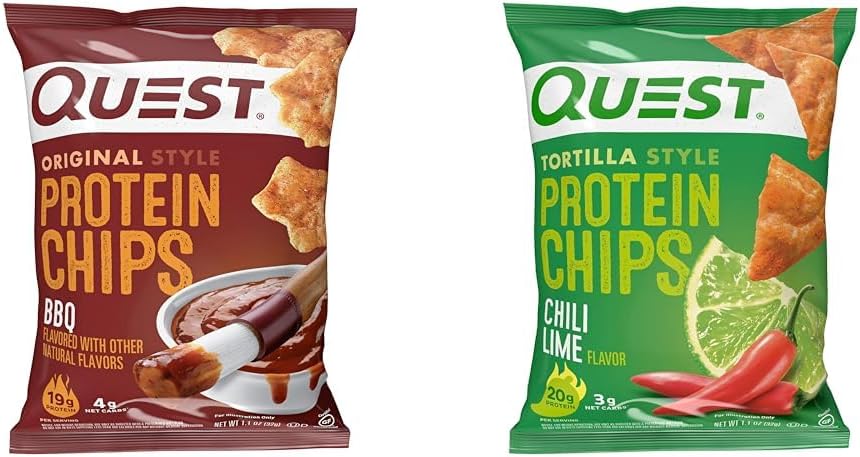 Quest Nutrition Protein Chips, BBQ, High Protein, Low Carb, 1.1 Ounce (Pack of 12) & Tortilla Style Protein Chips, Chili Lime, Baked, 1.1 Oz, Pack of 12