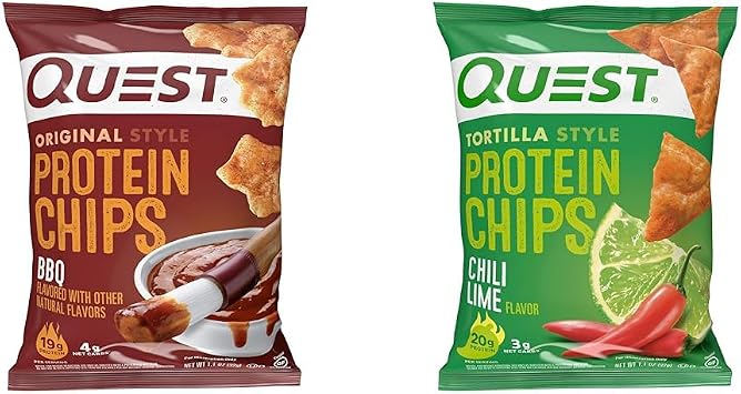 Quest Nutrition Protein Chips, BBQ, High Protein, Low Carb, 1.1 Ounce Pack of 12 & Tortilla Style Protein Chips, Chili Lime, Baked, 1.1 Oz, Pack of 12