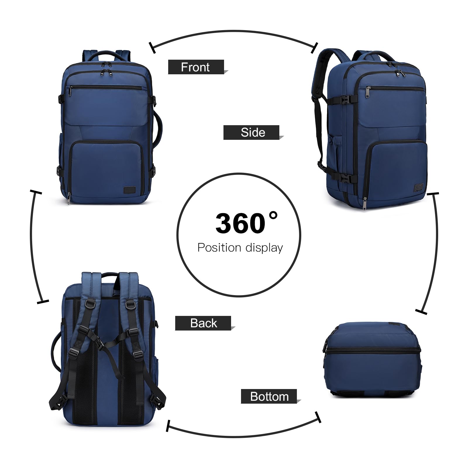 KONO Reiserucksack Handgepäck Flugzeug Groß Rucksack Wasserdicht für Reise Geschäftsreise Weekender (55 x 35 x 20 cm 38L) Navy | 55x35x20cm, 1.11kg, wasserdichtes Polyester, versteckte Schultergurte, ideal für Geschäftsreisen und Wochenendtrips