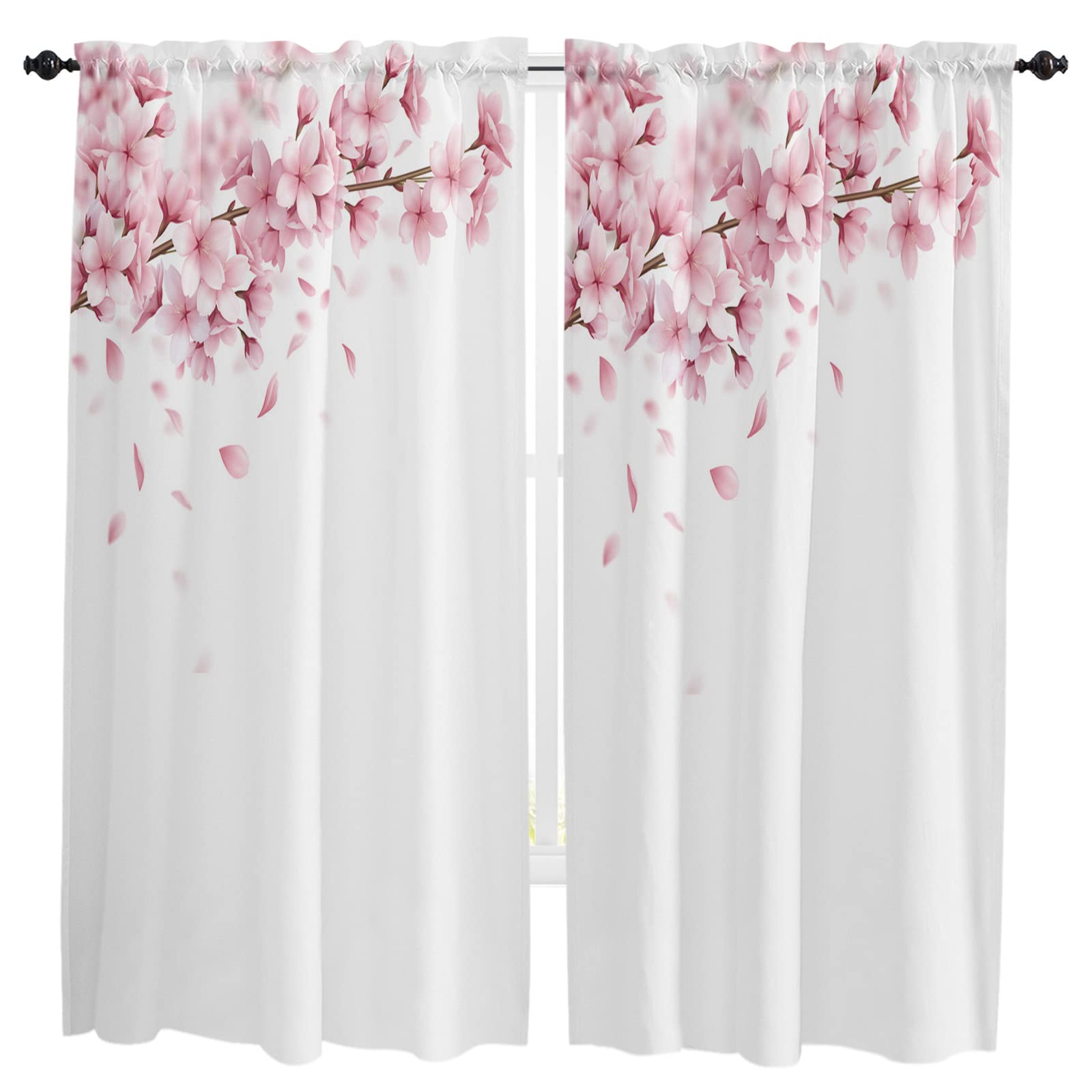 Jolunifun Kitchen Curtain 72 Inch Length, Spring Pink Sakura Flowers Window Curtains and Drapes for Cafe/Living Room, 2 Panels Window Treatment Rod Pocket Drapery Curtains 104x72