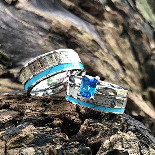 3 pc Natural Deer Antler Ring with Turquoise Inlay Engagement ring Mens Womens Wedding Ring Set Stainless Steel Sterling Silver Band2