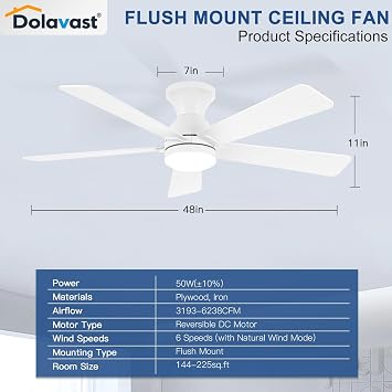 Ceiling Fans with Lights and Remote, 48 Inch Ceiling Fan with Light, Low Profile, Reversible, Dimmable LED, Flush Mount, Quiet, DC Motor, White Ceiling Fan for Bedroom, Kitchen, Dining Room