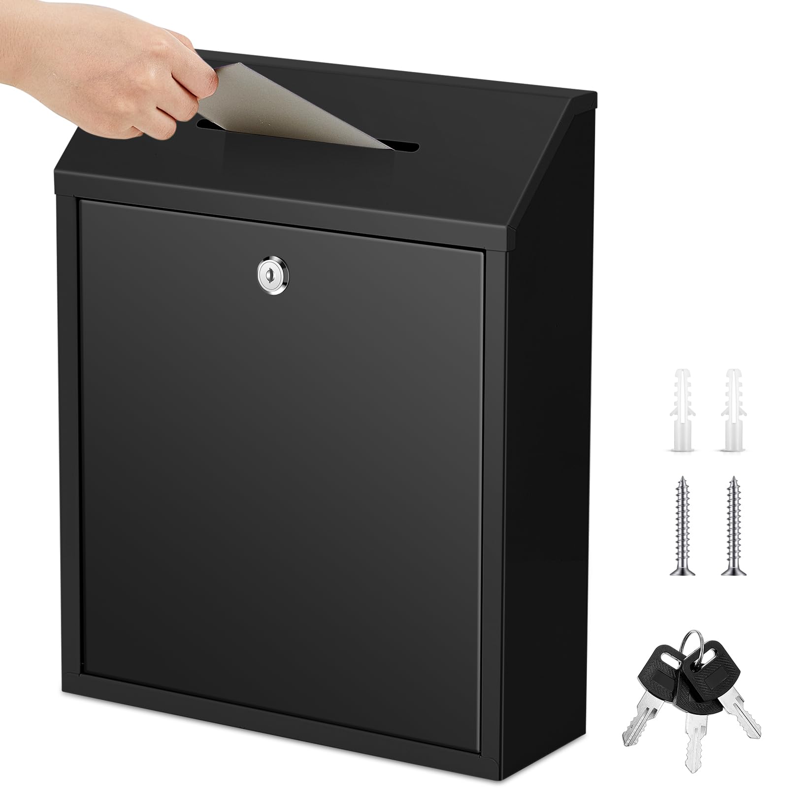 Yaocom Metal Money Drop Donation Cash Box for Farm Stand Collection Safe Suggestion Box with Lock Wall Mounted Mailbox Container for Home Office Outdoor(Black,15 x 12 x 4 Inch)