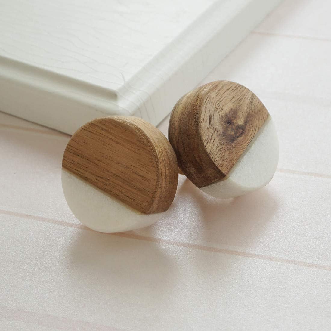 LBFEEL 4 Pack Unqiue Wood Drawer Knob Modern Cabinet Knob Pulls White Stone Cupboard Dresser Pull Handle Hardware (Single Hole knob, 4 Pack)