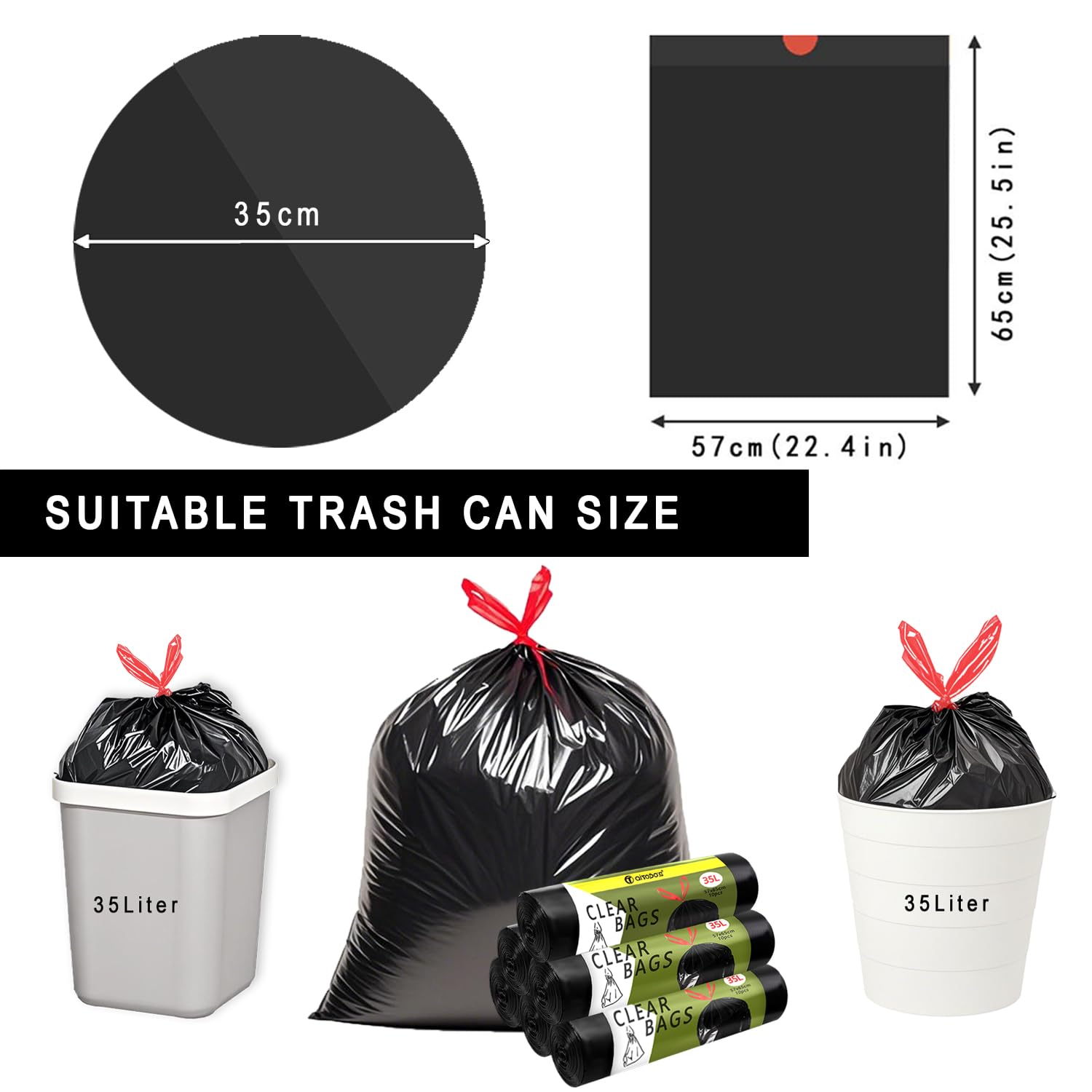 AiTodos® Worki na Śmieci z uszami 35L, 60szt, 57x65 cm, Czarne, Materiał PE | 6 Rolek po 10 szt. Ekstra mocne, Szczelne, Odporne na rozdarcie, do Koszy z Pedałem i Biura.