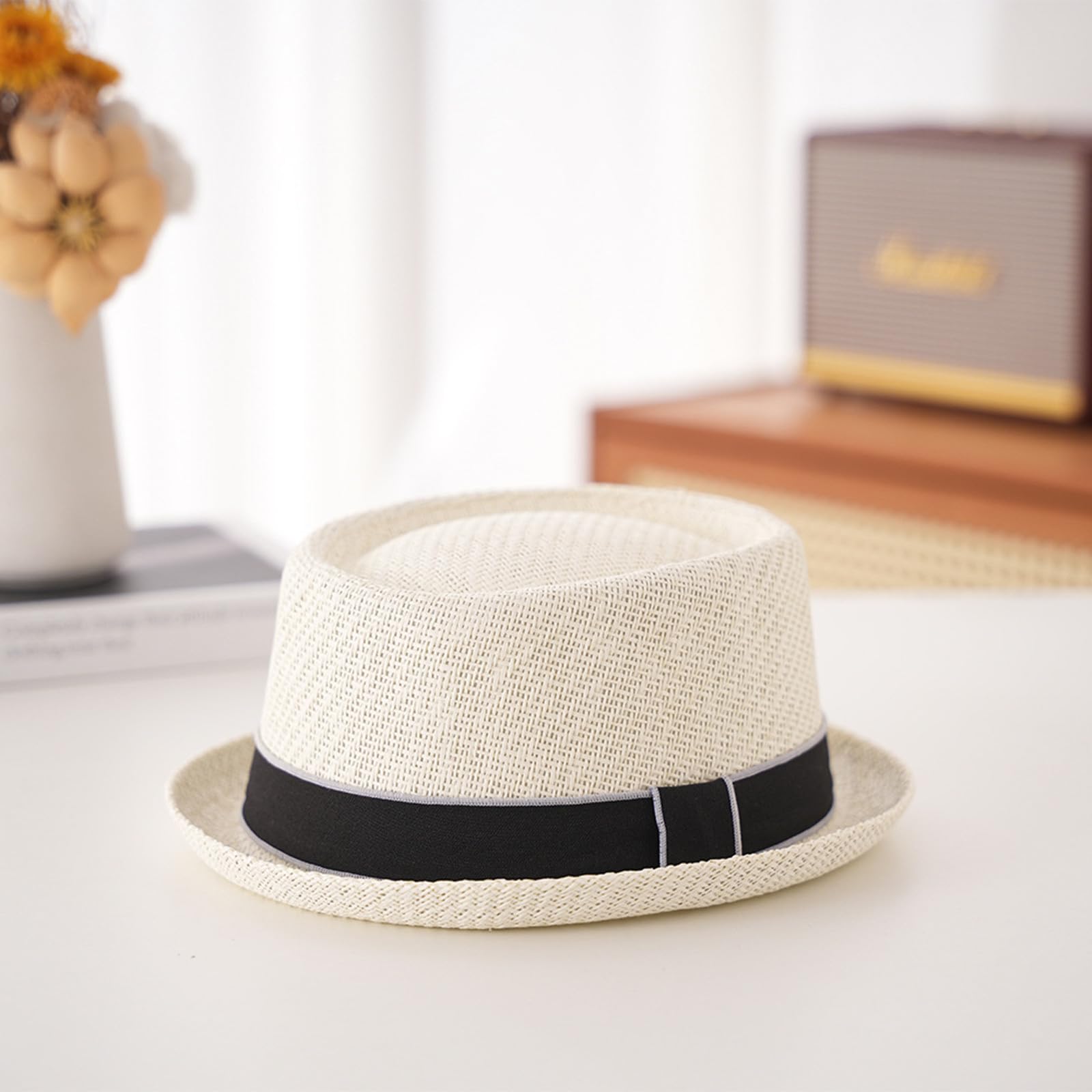 HEYANN Pork Pie kapelusz słomkowy, męski kapelusz pork Pie Fedora 58 cm, letni kapelusz dla mężczyzn i kobiet, Bowler Flat Top ochrona przed słońcem, klasyczny kapelusz