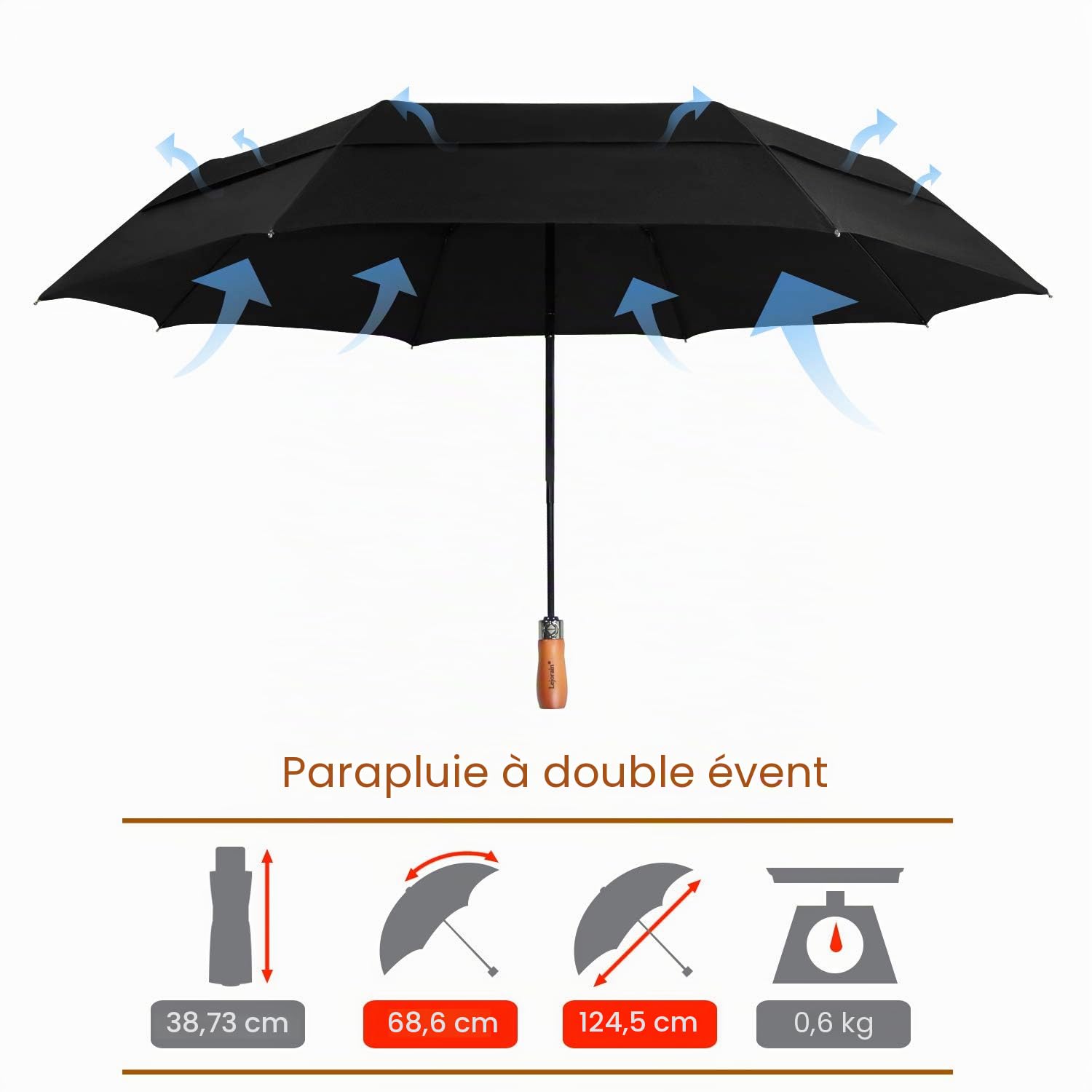 Lejorain Grand parapluie pliable 137,2 cm Ouverture et fermeture automatique Taille Golf et 210T Dupont Coupe-vent Vent Double Canopy Unisexe & Bleu/Noir/Jaune/Rose/Bordeaux