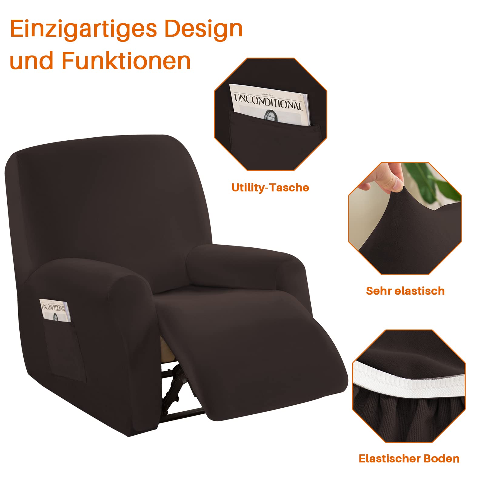 Housse De Fauteuil Relax OKYUK 4 Pièces - Gris Rayé - Élastique Avec Poches Latérales - Lavable En Machine