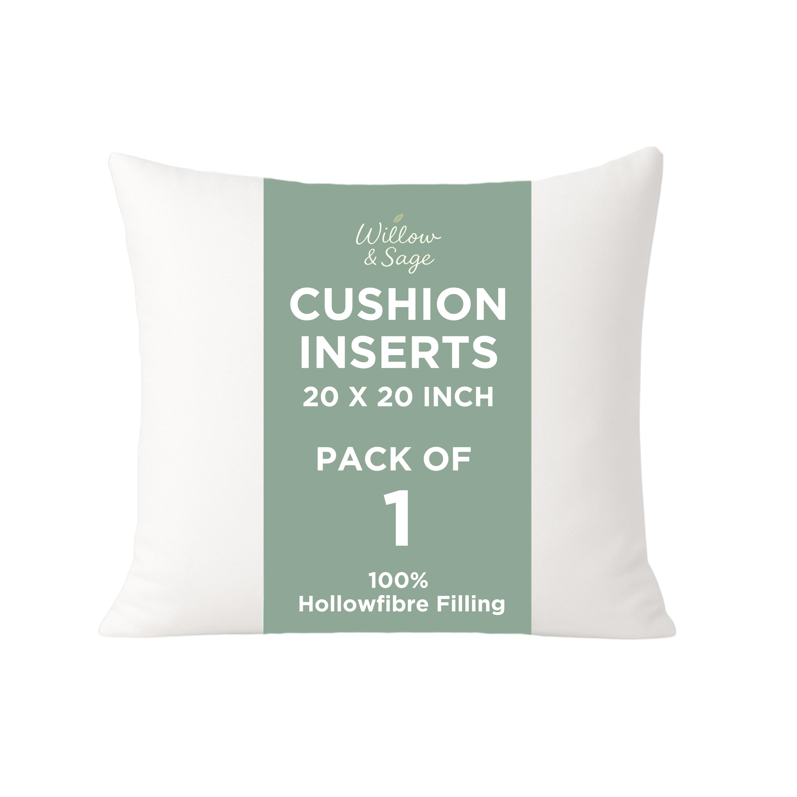 Willow & Sage Cushion Inserts 50cm x 50cm (20"x20") – Hypoallergenic Hollow Fibre Cushion Pads with Polypropylene Covers – White Square Pillow Stuffers for Sofa & Bedroom (Pack of 1)