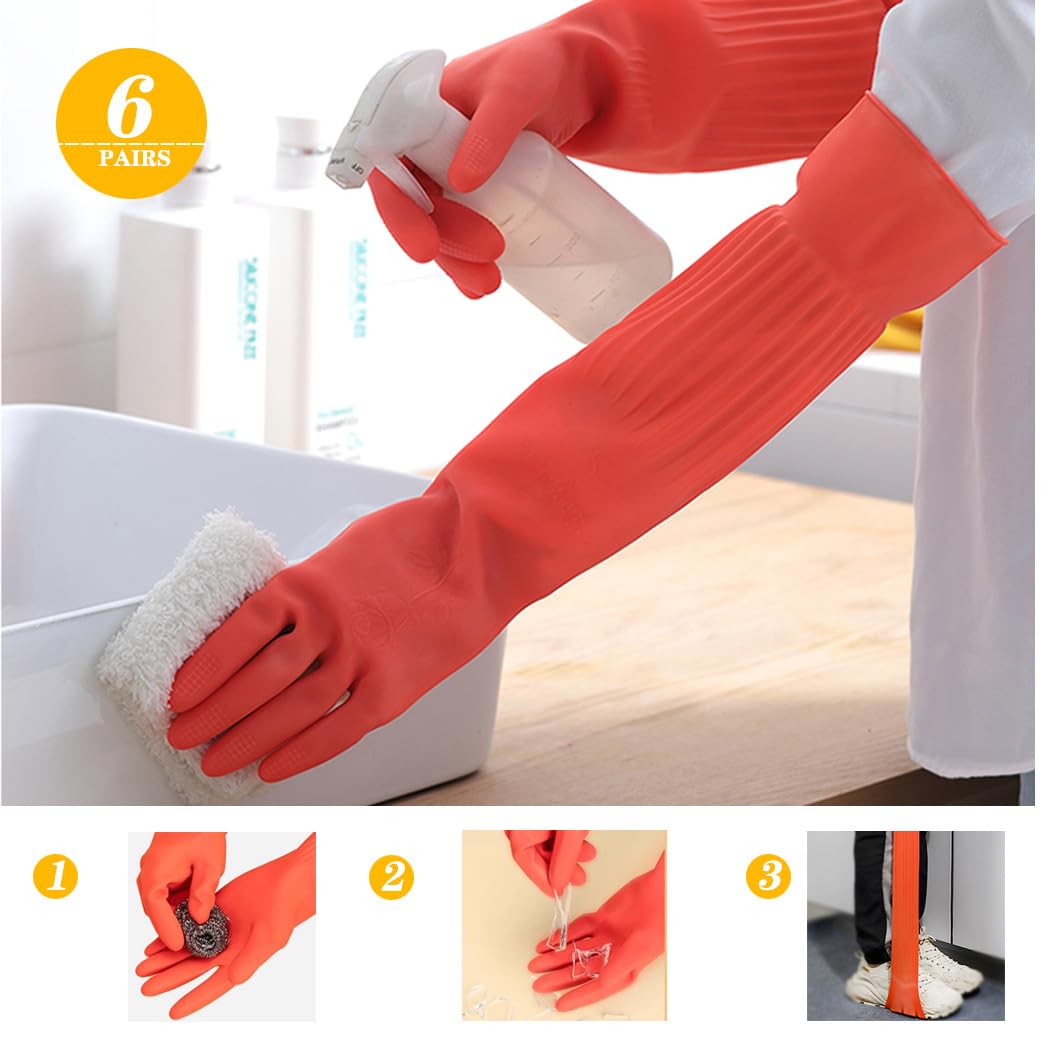 6 Paar wiederverwendbare lange Küchenhandschuhe, 45,2 cm, Gummi-Haushalts-Reinigungshandschuhe