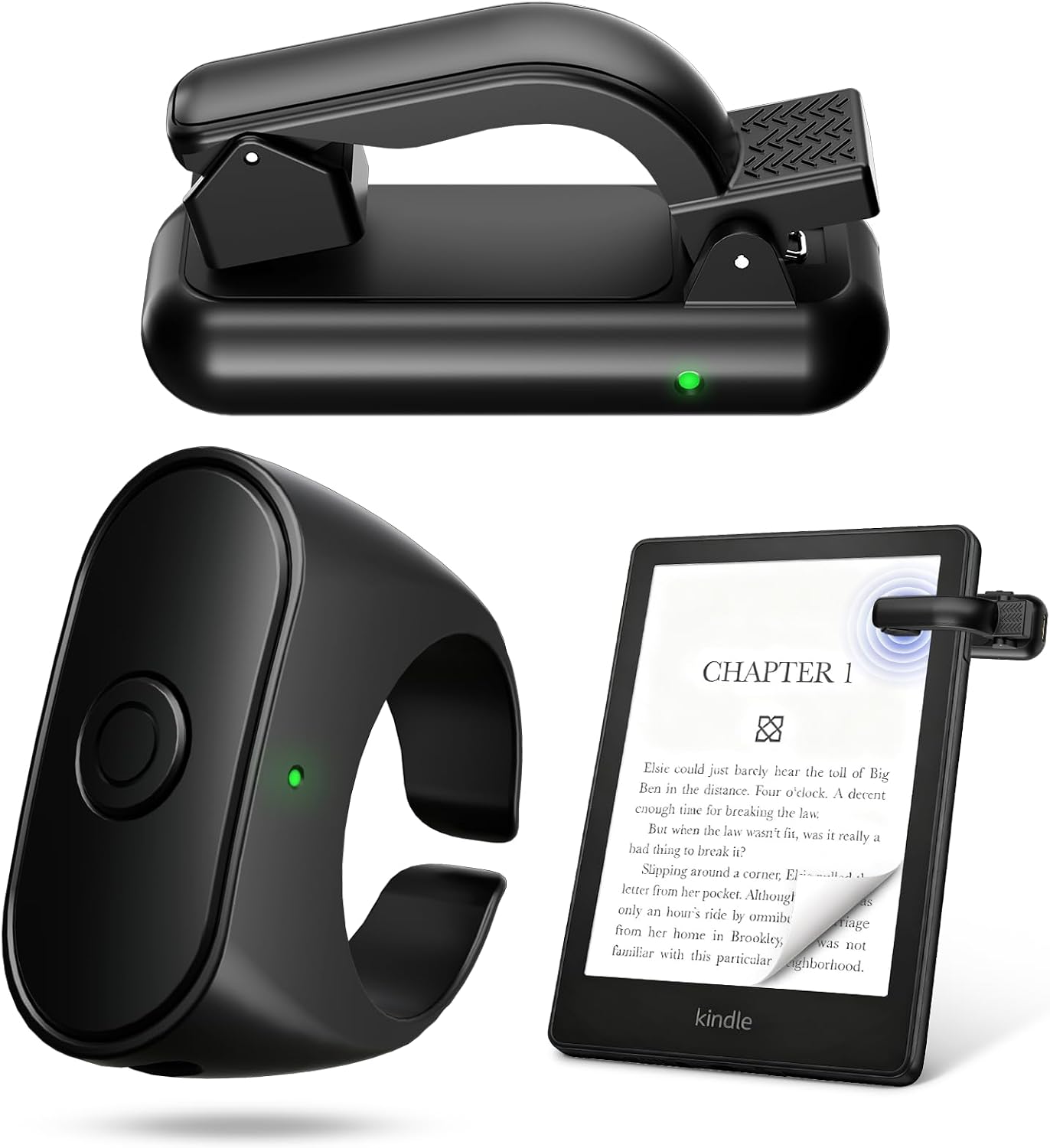 Kindle Page Turner Ring, Clip-On Clicker for Kindle & Camera Remote (Black)