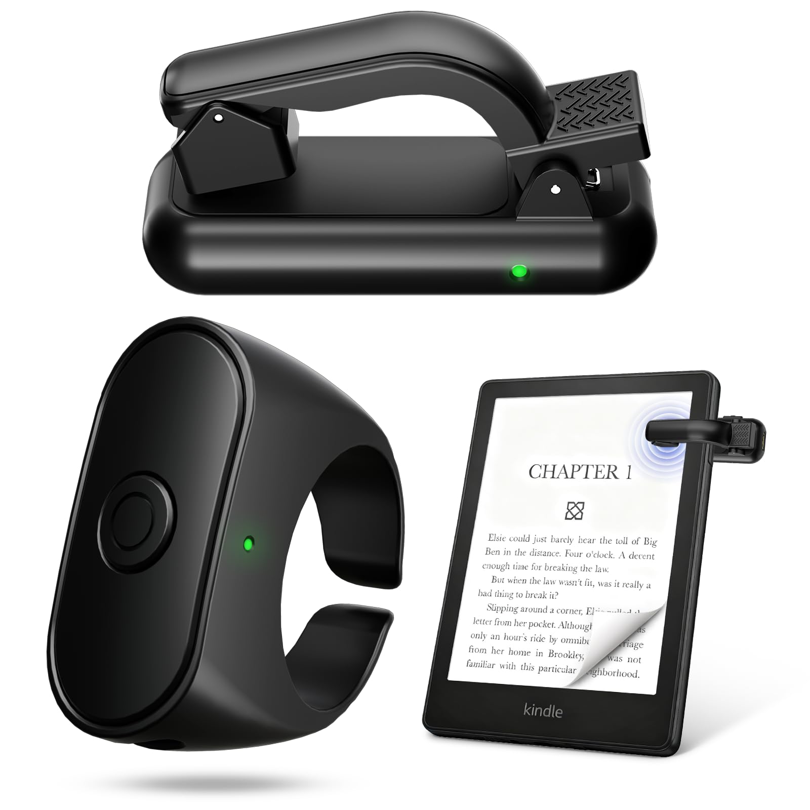 Kindle Page Turner Ring, Clip-On Clicker for Kindle & Camera Remote (Black)