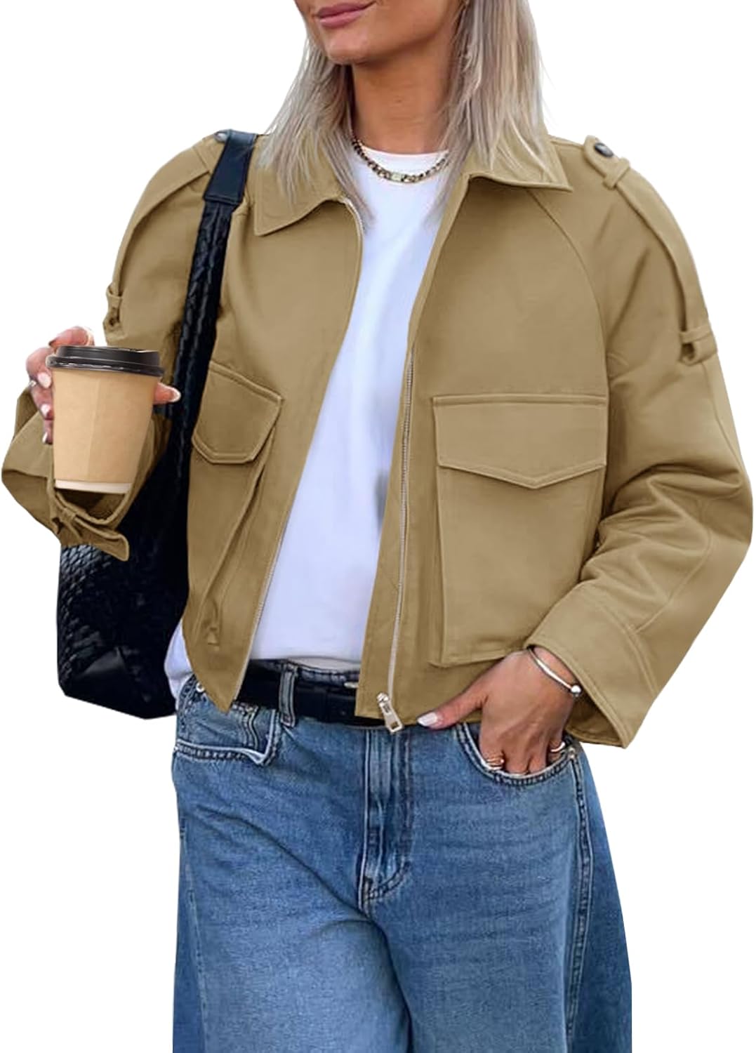 Tankaneo Womens Cropped Casual Jackets Zip Up Lightweight Utility Anorak Coat Military Safari Short Jacket with Pockets