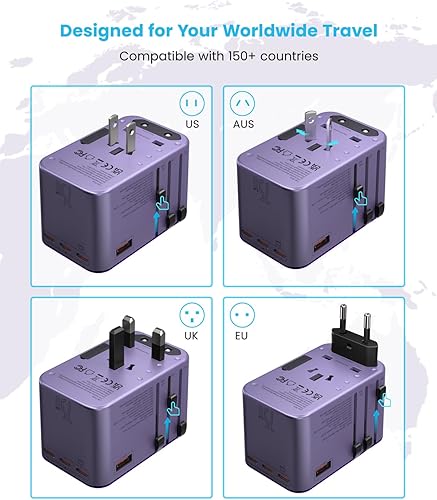 Miniatura 3 de VINTAR - Adaptador de viaje universal, adaptador de corriente internacional GaN de 75 W con 3 USB C PD y 2 USB A QC, esenciales de viaje todo en uno