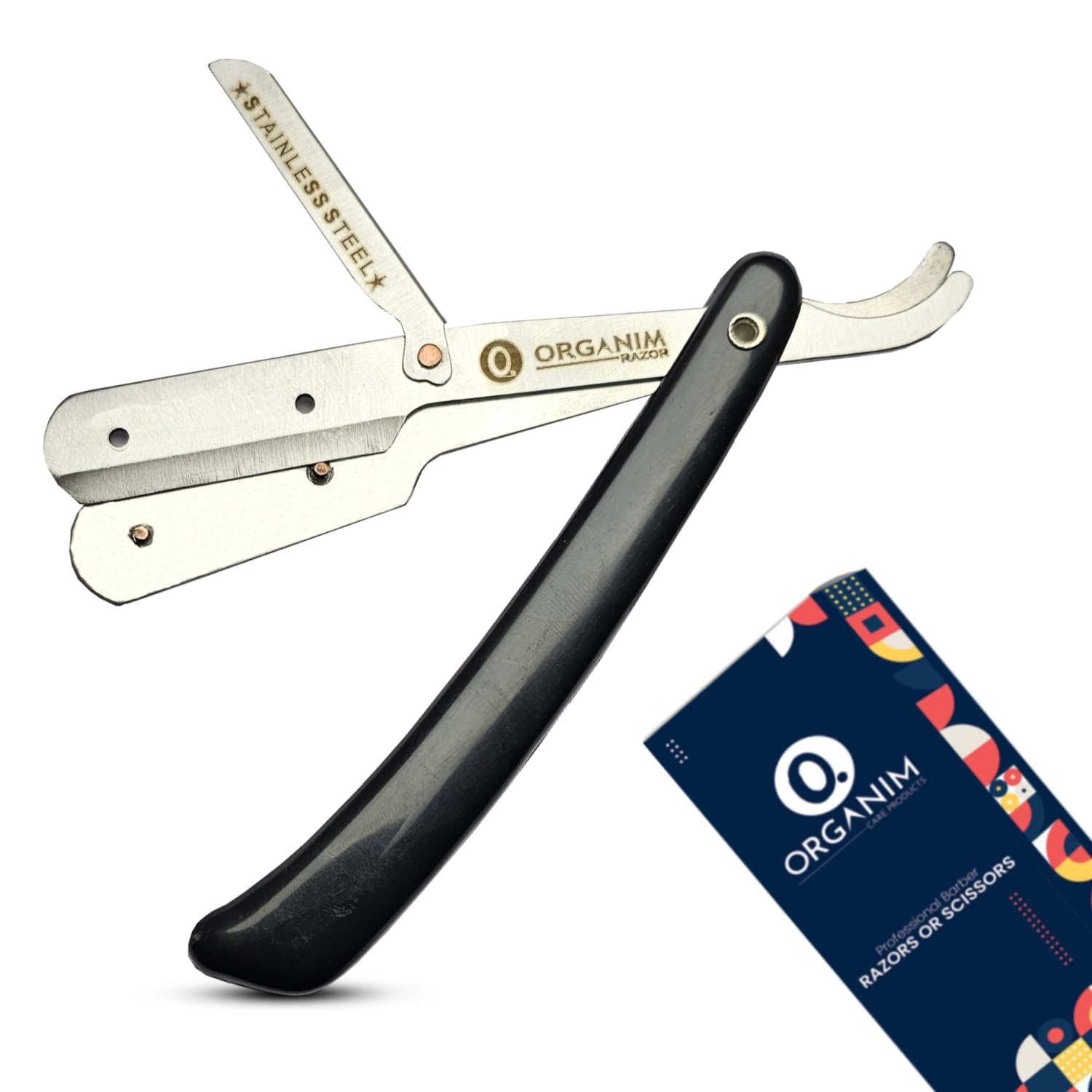 ORGANIM Care Products Barber Shaving Razor for Men | Foldable Stainless Steel Straight Razor with Handle | Manual Beard Shaving and Trimming Razor for Barbers, Salons and Home Grooming (Black Plastic)